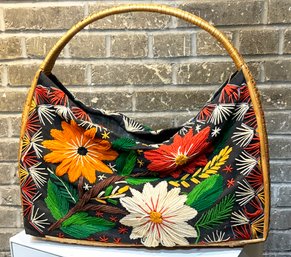 A Vintage Mexican Wicker And Needlepoint Purse