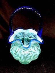 Incredible Signed Two Tone Blue Art Glass Basket By Fenton