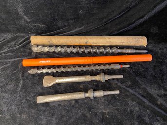 Two Hilti Large Concrete Drill Bits And Two Chisels