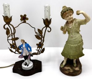 Vintage Rococo Style Porcelain Boudoir Lamp & Girl With Castanets Figurine