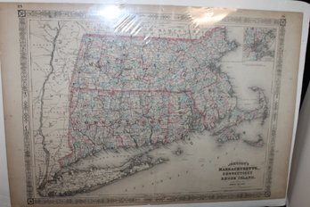 Original Antique Large 26x18 Colored Map Of New England CT MASS RI Etc On Board Ready To Display Or Frame