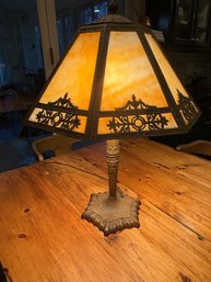 Early 20th Century Bronze Tiffany Style Slag Glass Lamp