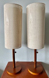 Pair Wood Table Lamps With Fabric Shades