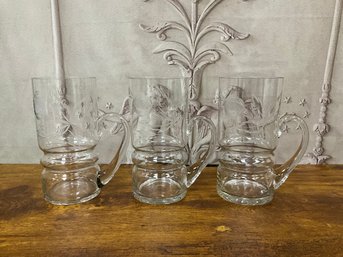 Vintage Glass Floral Etched Beer Mug Glasses Set/3