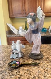 REPAIRS LOT: Lladro Japanese Madame Butterfly Geisha Girl Figure Statue, Royal Copenhagen Porcelain Lovebirds