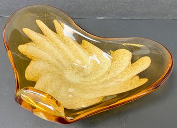 Vintage Small Shallow Art Glass Bowl - Ashtray - Golden Yellow & White - Thick - 8.75 X 6 X 3 H - Unmarked
