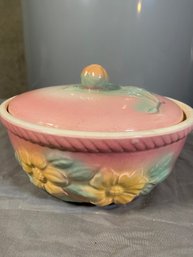 Vintage Hull Pottery Pink Casserole Dish With Sunflowers 7.5'