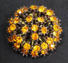 Vintage Gold Tone Amber Colored Rhinestone Round Brooch