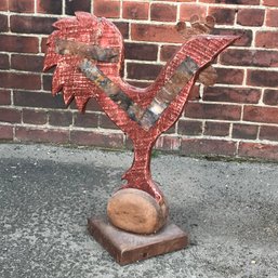Very Unusual Antique Folk Art Rooster Sculpture - Made From Old Pulley - Old Barn Wood - Scrap Tin - Nice !