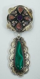 SIGNED SILVER CLOUD (SC) NATIVE AMERICAN STERLING SILVER MALACHITE PINK AND PURPLE STONE DANGLE PENDANT/BROOC