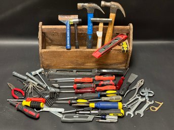 An Old-School Wood Toolbox & A Large Assortment Of Hand Tools
