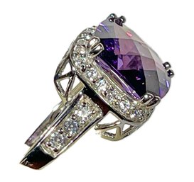 Very Fine Sterling Silver Ladies Ring Having Large Amethyst Faceted Stone Size 7