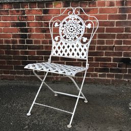Adorable Vintage Folding Garden Chair - Wrought And Cast Iron - Old Worn And Chippy Distressed Paint - CUTE !