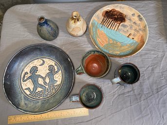 Collection Of Handmade Pottery: Cups, Plate, Bowl And Bud Vases