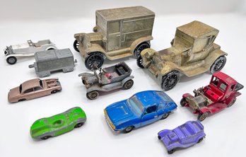 2 1974 Vintage Banthrico Cast Iron Cars & 8 Other Toys Cars