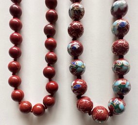 Vintage Chinese Cloisonne Red Enamel Large Necklace & Other Beaded Necklace
