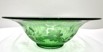 Vintage Green Uranium Glass Etched Serving Bowl