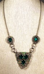 Green Vintage Rhinestone Necklace In Gilt Brass