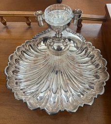 Crescent Shell Shrimp Serving Silver Plate Dish #9 -13 S - With Dip Bowl, Dolphin Feet & 2 Toothpick Holders