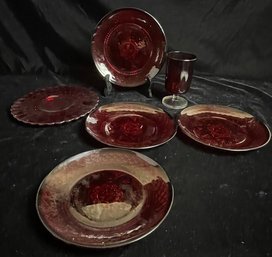 Cranberry Glass Dish Set