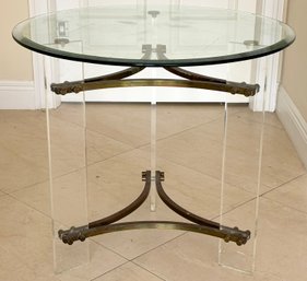 A Vintage Modern Lucite And Brass Side Table With Glass Top