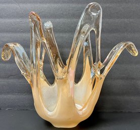 Vintage Studio Art Glass Pulled Abstract Basket Bowl - White Clear & Peach - 14 X 5 X 11.75 H - Ubmarked