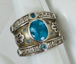 GORGEOUS WIDE STERLING SILVER BLUE AND WHITE TOPAZ RING SIGNED GMZ