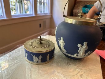 2 Pc, Dark Blue Jasperware With Metal Tops And Handles Biscuit Jar And Candy Dish