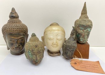 5 Antique & Vintage Buddha Artifact Heads, Some Thai: Bronze, Natural Stone