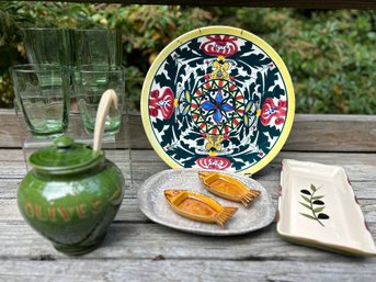 Mixed Tabletop Grouping I - Olive Jar, Villeroy & Boch Glasses And More