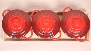 SET OF 3 LE CREUSET STONEWARE MINI  COCOTTES WITH TRAY