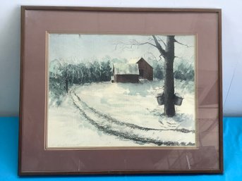 Signed Watercolor Winter Barn Scene