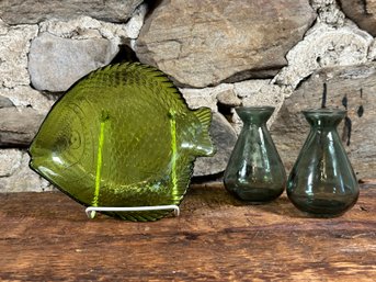 A Fun Fish Dish & Little Bud Vases In Green Glass