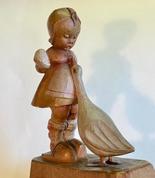 German Carved Wooden Girl With Goose Hand Painted