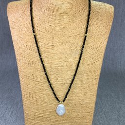 Incredible 22' Necklace - Black Faceted Jet Beads With Gold Accents And Natural Flat Pearl Pendant - WOW !