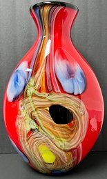 Vintage Red Art Glass Vase - Salvadore Murano - Italy - Multi Color Large Heavy - 17.5 X 11 X 6