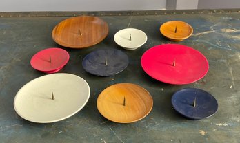 Set Of 9 Colorful Mid Century West German Hand Turned Candle Holders