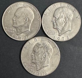 3 Eisenhower Dollars 1972-D, 1976, 1978-D