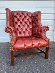 Vintage English Chesterfield Style Button Tufted Burgundy Leather Wingback Chair