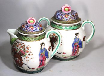 Antique Chinese Rose Famille Creamer & Sugar Enameled Flowers And Figures