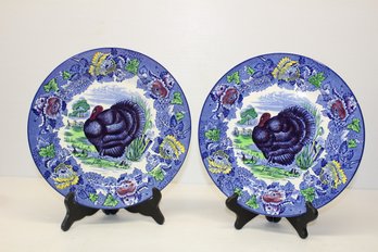 Vintage Pair Of Like New Woods Burslem England Blue Turkey Dinner Plates