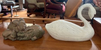 White Color Wooden Swan Made In China & Triple Slepping Rabbits Statuary Made In China.