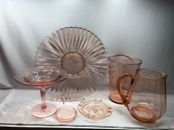 Grouping Of Vintage Pink Depression Glass Serving Pieces Or Larger Items