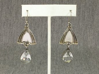 Cute Vintage 925 / Sterling Silver Umbrella Earrings With Faceted White Topaz - Shepard Hook Backs - Nice !