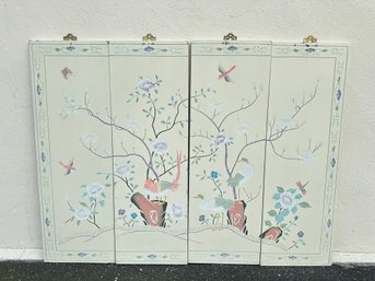 Beautiful Hand Painted 4 Wooden Screen With Birds On Tress & Flying & With Bolts To Fix. BARB R /WA-D