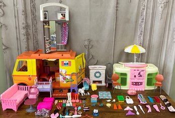 Awesome Lot Of Vintage Mattel Barbie Accessories Including Barbie Camper, Shoes, Furniture, Etc