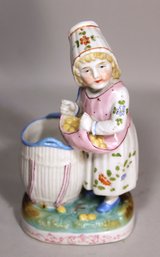 Antique 19th C,. German Hard Paste Porcelain Match Safe Strike Girl W Basket