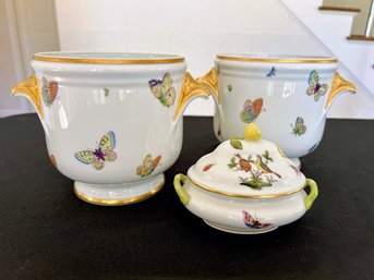 Pair Of Limoges Cachepots  With Herend Rothschild Bird Pattern Covered Sugar Bowl