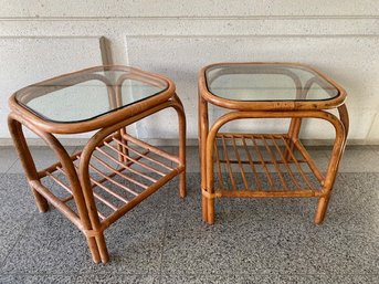 Pair Of Vintage Bamboo Rattan End Tables With Glass Top