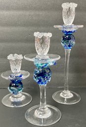 Hand Blown Glass Set 3 - Ocean Splash Candlesticks - Michael Magyar Cape Cod - Blue Clear - 5.25, 7.75, 10.25
